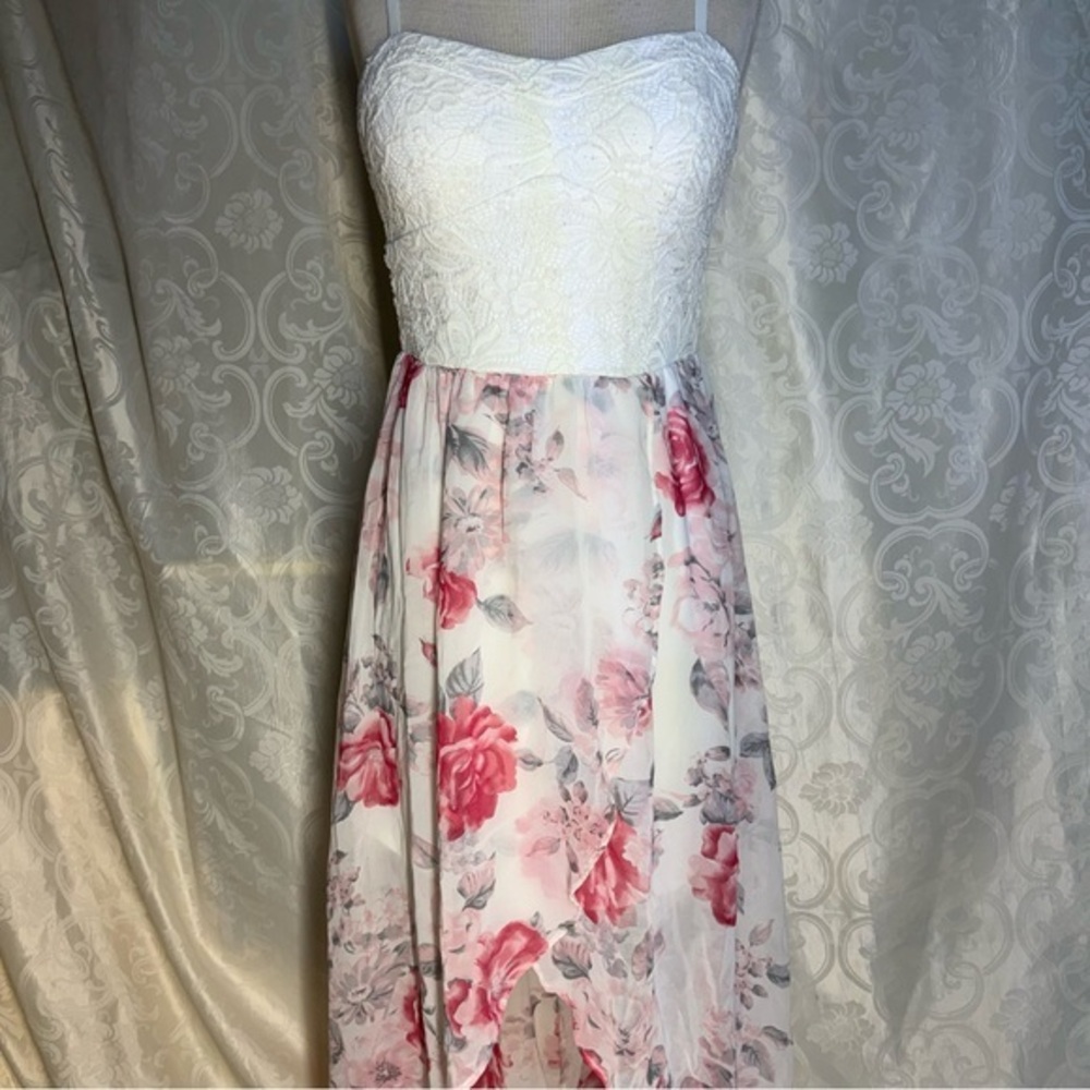 Lilly Rose High-Low Pink & Grey floral Maxi Dress size M